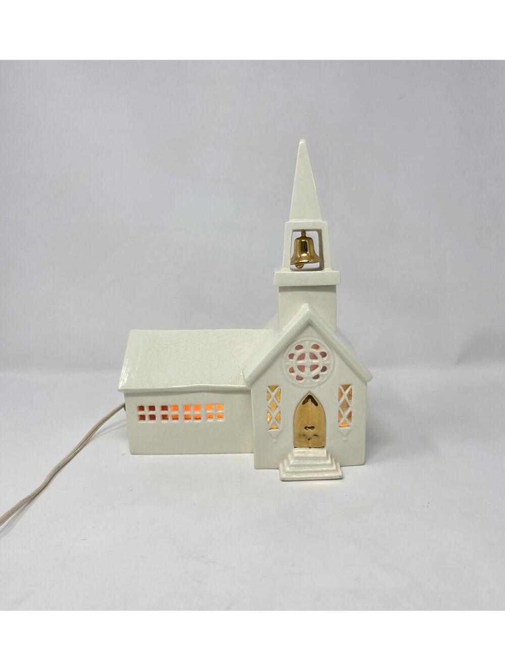 Vintage Ceramic Lighted Church Music Box Glass Windows Christmas Decor
